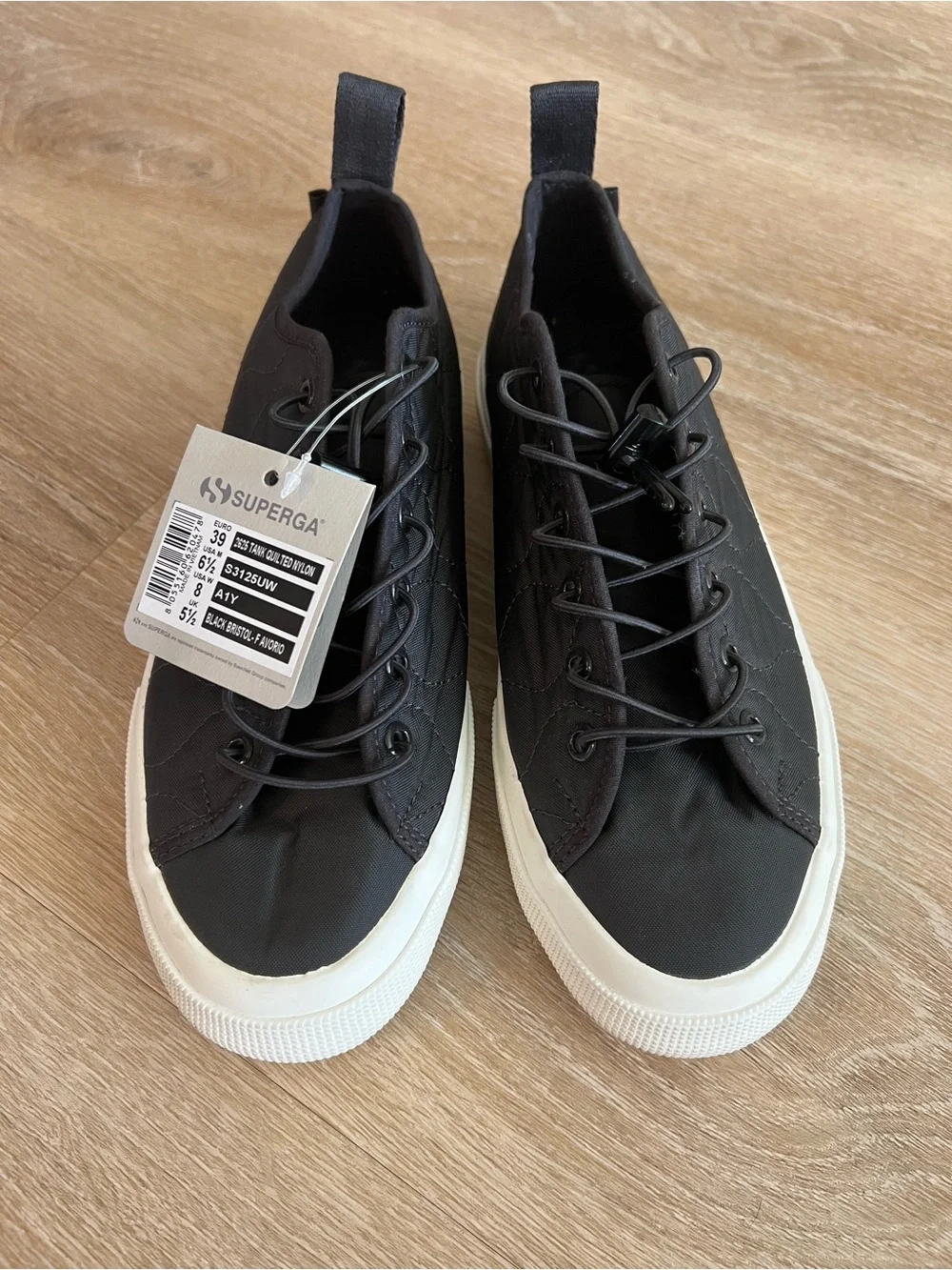 Superga Women’s Black Quilted Nylon Sneakers with White Sole